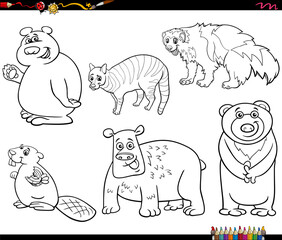 cartoon funny wild animals characters set coloring page