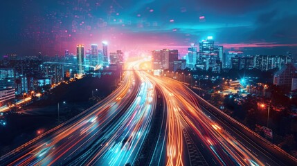Fototapeta premium A vibrant cityscape at dusk with illuminated highways and digital elements.