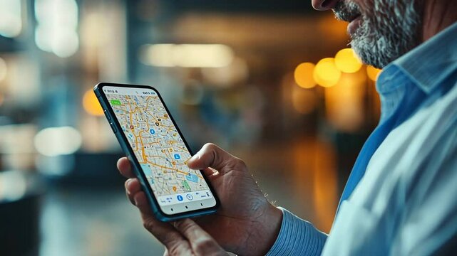 Man using mobile phone GPS navigation app in city