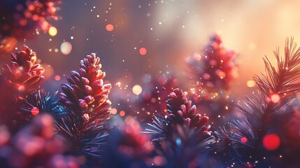 Fototapeta premium Red pine cones glowing on snowy christmas tree at sunset