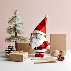 Santa Claus in front of the chimney handing out gifts in paper craft origami