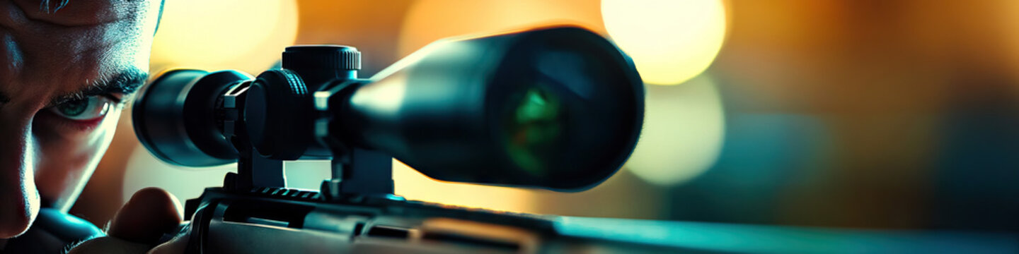 Target in Sight: A hitman aiming a rifle at a distant target through the scope.