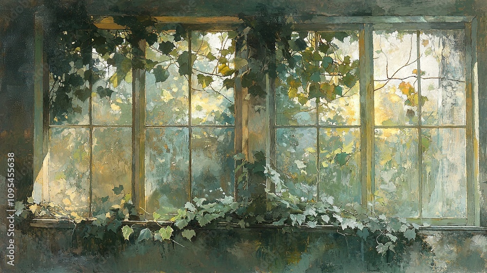 Poster a painting depicts a window adorned with ivy climbing up its side and a window sill in front