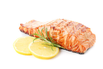 Delicious grilled salmon fillet with lemon and rosemary isolated on white