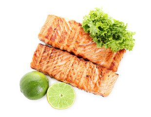 Delicious grilled salmon fillets with lime and lettuce isolated on white, top view