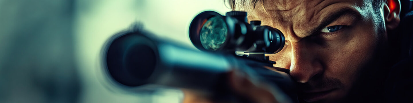 Target in Sight: A hitman aiming a rifle at a distant target through the scope.