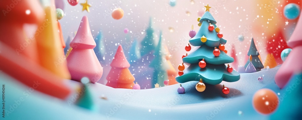 Poster christmas tree with colorful ornaments stands in a snowy fantasy forest during a snowfall