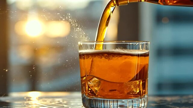 Whiskey Stream Pouring into Glass with Ice Cubes in Dark Setting