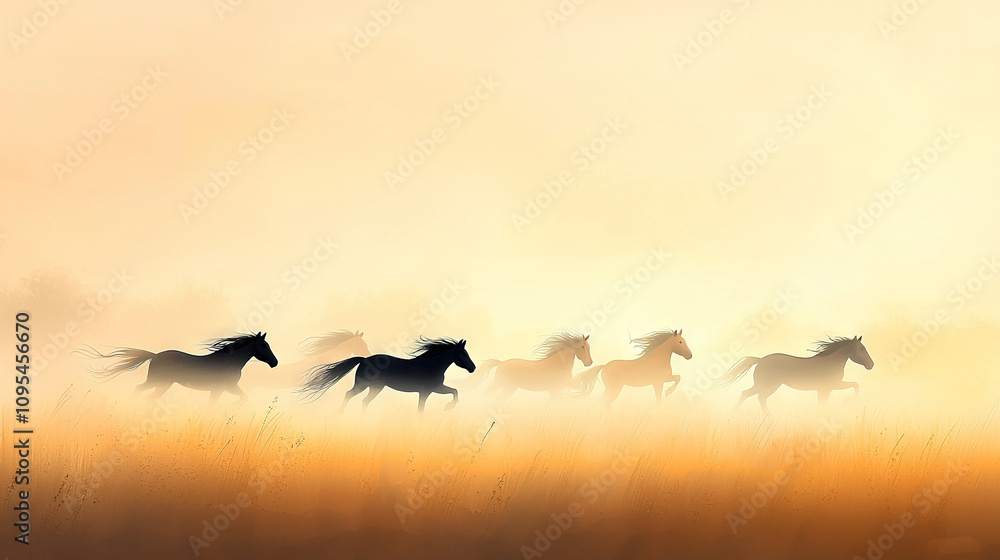 Poster a group of horses gallop through a field of towering grass under the golden rays filtering through t