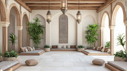 Luxurious Modern Arabian Outdoor Lounge with Comfortable Seating and Lanterns for Enchanting Evenings - 3D Rendered Digital Artwork