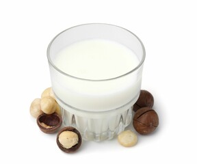 Glass of macadamia milk and nuts isolated on white