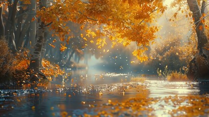 Tranquil autumn scene with shimmering water and vibrant foliage.