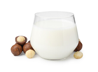 Glass of macadamia milk and nuts isolated on white