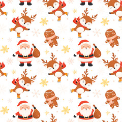 Seamless pattern with Santa, reindeer and gingerbread man, isolated on white. Christmas pattern with Santa, for wrapping paper, textiles, etc. Flat style Christmas pattern in vector