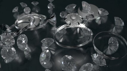Several diamond rings and diamond stones are placed on a 3D rendered marble table in dim lighting.