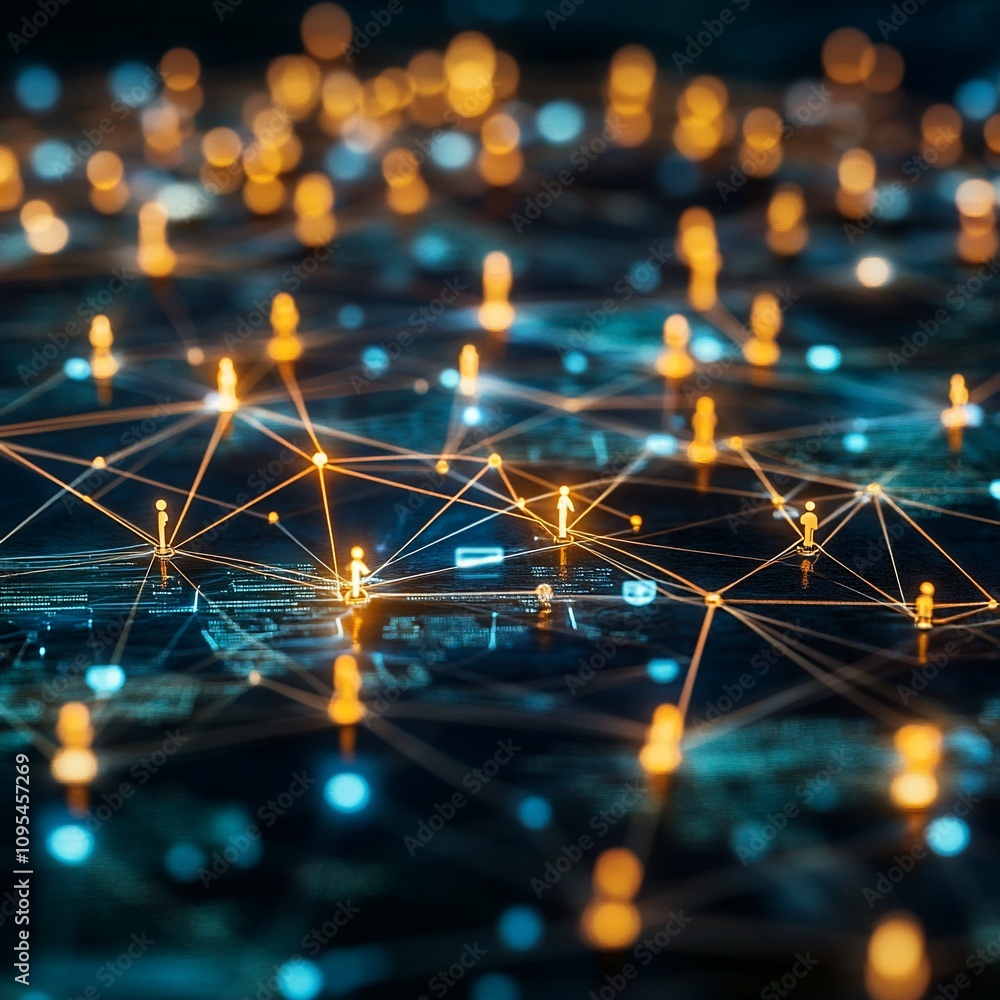 Poster global network connection, glowing nodes and lines.