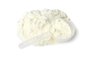 Protein powder and scoop isolated on white, top view