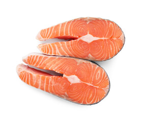 Steaks of fresh raw salmon isolated on white, top view