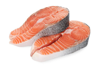Steaks of fresh raw salmon isolated on white