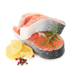 Steaks of fresh raw salmon and spices isolated on white