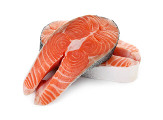 Steaks of fresh raw salmon isolated on white
