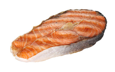 One tasty grilled salmon steak isolated on white