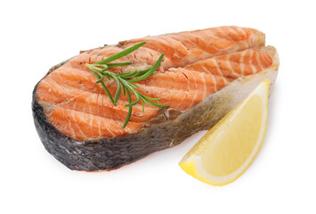 Tasty grilled salmon steak with lemon and rosemary isolated on white