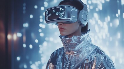 Woman in futuristic silver suit using VR headset.