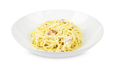 Delicious pasta Carbonara in bowl isolated on white