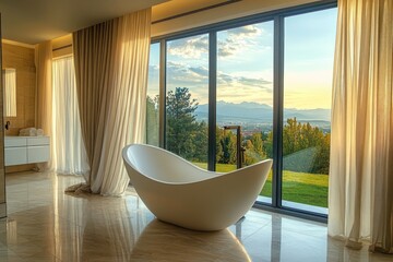 Fototapeta premium A luxury bathroom with a large picture window, a freestanding tub, and floor-to-ceiling curtains.
