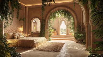Fototapeta premium Modern Arabian Islamic Master Suite - Luxurious 3D Render with Private Lounge Area and Elegant Decor for Relaxation