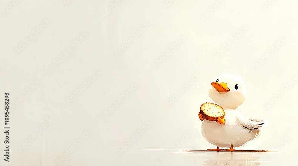 Poster a duck with a clock in its beak, standing on a reflective surface