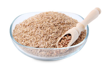 Buckwheat bran in glass bowl and grains isolated on white