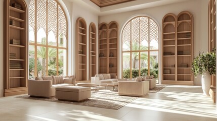 Luxurious Modern-Arabian Islamic Home Library Interior Design 3D Render with Rich Wooden Shelves and Plush Seating Areas | Ultra-Detailed Digital Artwork