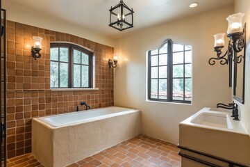 A Mediterranean-style bathroom with terracotta tiles, a plastered tub surround, and wrought iron light fixtures.