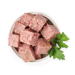 Canned meat with fresh parsley in bowl isolated on white, top view