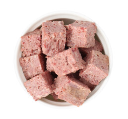 Canned meat in bowl isolated on white, top view