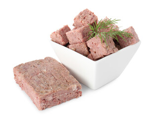 Canned meat with fresh dill isolated on white