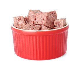 Canned meat in bowl isolated on white
