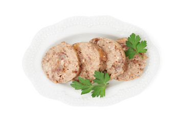 Canned meat with fresh parsley isolated on white, top view
