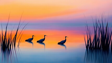 Fototapeta premium A painting depicts two birds perched beside water, surrounded by tall vegetation The backdrop showcases vibrant clouds in a blue sky