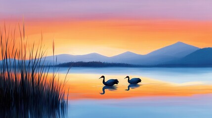 Fototapeta premium Swans swim in a sunset-lit lake with distant mountain range