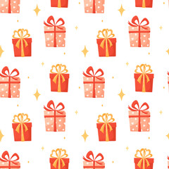 Seamless vector pattern with gift boxes and stars, isolated on white. Colorful pattern with gifts for gift wrapping for Christmas, birthday or Valentine's day. Gift wrapping concept. Flat Christmas