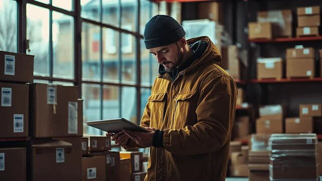 Warehouse worker using tablet to manage inventory