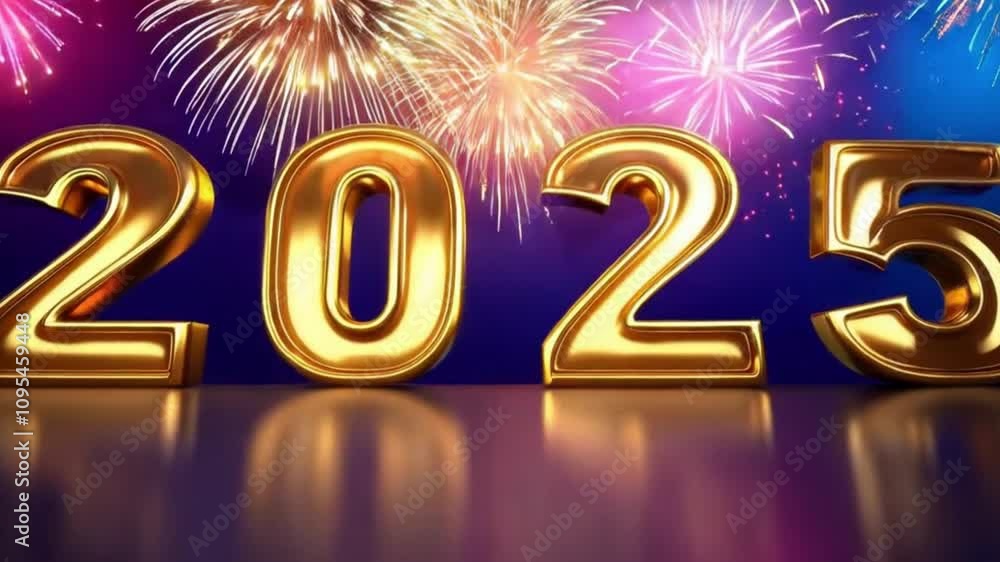 Aufkleber a 4k animated scene where the text 2025 appears in bold, metallic letters, while dazzling fireworks 