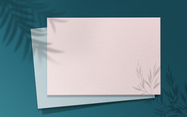 Square Paper Mockup Turquoise and white color with realistic shadows overlays leaf. Shadow Of A Tropical Plant. Template Flyer, Poster, blank, social media post, logo template in a trendy style .
