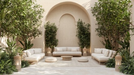 Fototapeta premium Luxurious Modern Arabian Islamic Outdoor Space with Elegant Seating Area and Decorative Lanterns, 3D Rendered Digital Artwork