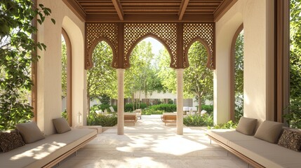 Tranquil Oasis: Modern Arabian Islamic Outdoor Reading Nook with Plush Seating and Lush Garden View in Ultra-Detailed 3D Render