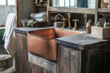 A rustic chic bathroom with distressed wood cabinets, a copper sink, and antique brass fixtures.