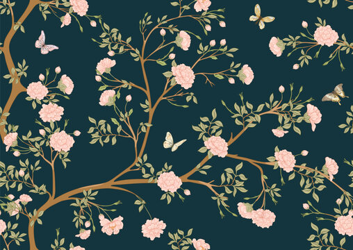 Blossom trees with flowers and butterflies. Seamless pattern, background. Vector illustration. In Chinoiserie, japandi, botanical style